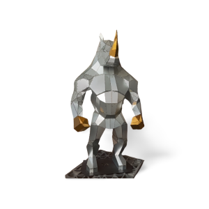 Neutral finish visualization of the same geometric rhino-form sculpture