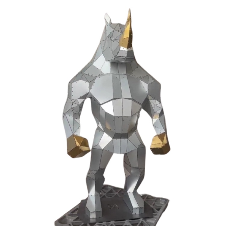 Second neutral finish visualization of the same rhino-form metal sculpture