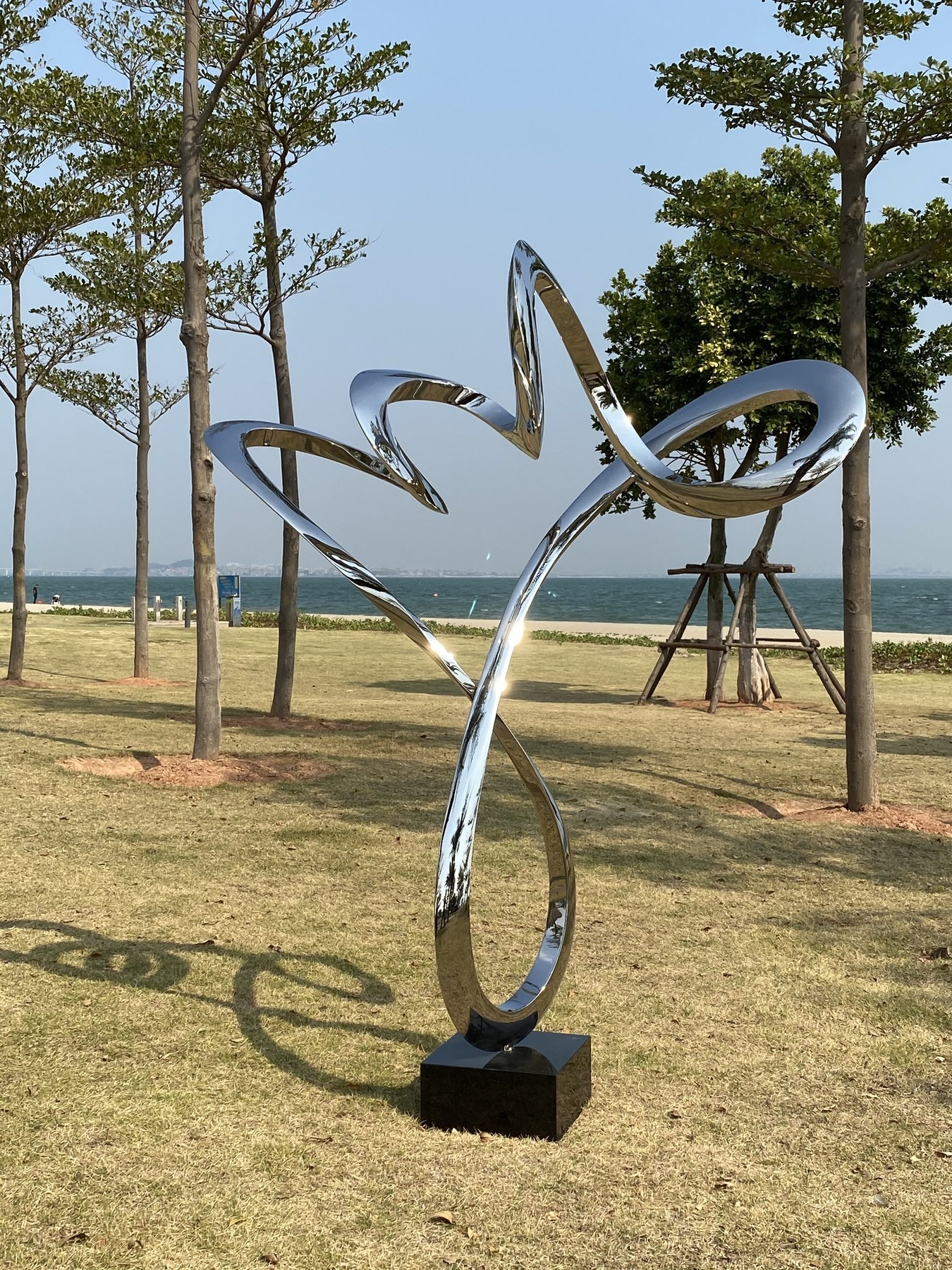 Open park view of the same branching ribbon sculpture and reflected landscape
