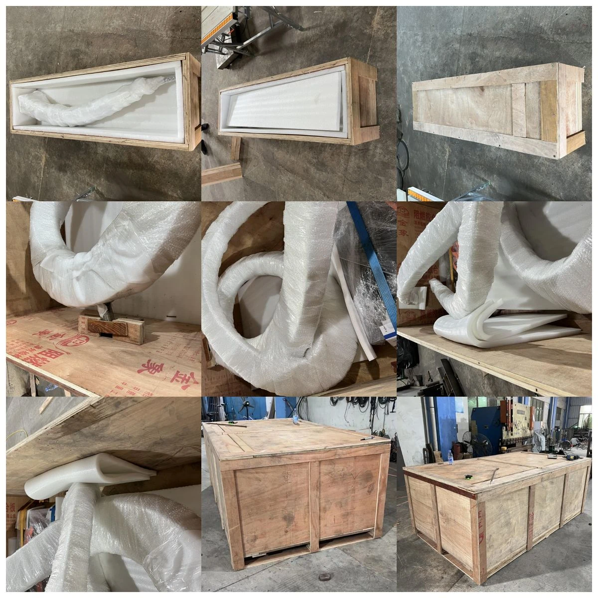 Export packing for stainless steel sculpture: foam wrapping, fixed supports and wooden crates